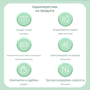 Ръчен вентилатор със пръскане, вградена батерия 4000–6000 мАч, USB зареждане, преносим, 5 лопатки