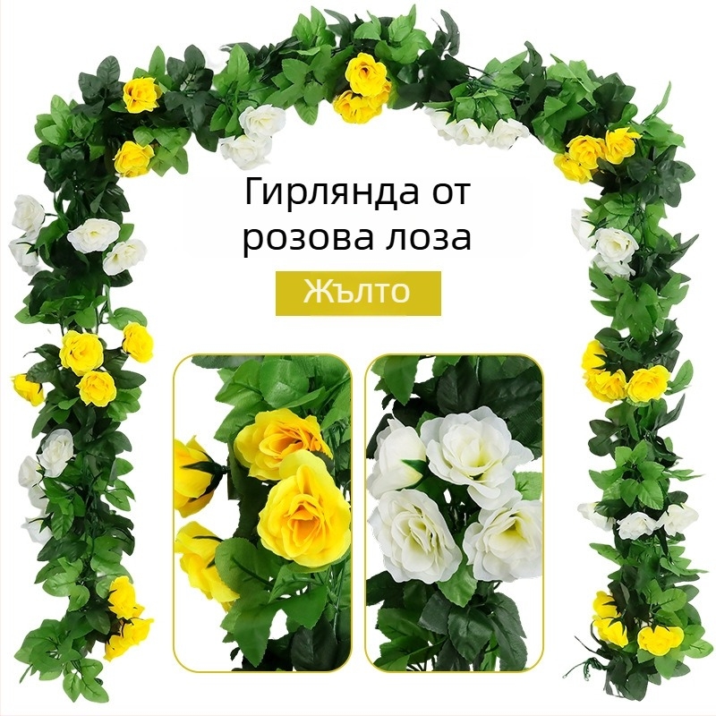 Гирлянда розова лоза с изкуствени цветя за окачване на стена, за скриване на водопроводните тръби на климатик, декоративно растение за тавана в дневната