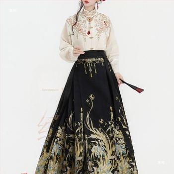 Златно тъкано Mamian пола Hanfu комплект за сватбено и тост облекло, модел 2025, новогодишен костюм