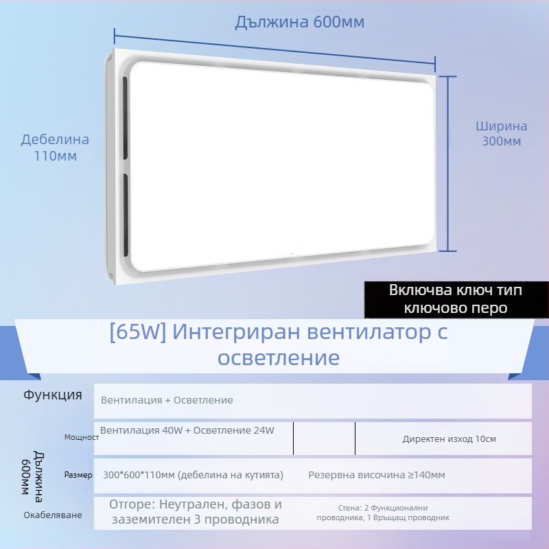 Интегриран таванен LED осветител и 2-в-1 вентилационен вентилатор за кухня и баня