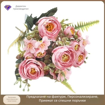 Изкуствени копринени цветя: пъпки от чайна роза, букети рози и малки пиони, флорални аранжировки в европейски стил за домашен декор и fotografски реквизит