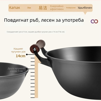 Старинен железен уок с плоско дъно, дълбок и дебел, голям тиган за пържене от желязо за домашна употреба, подходящ за газови и индукционни котлони.