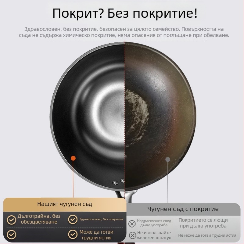 Старинен железен уок с плоско дъно, дълбок и дебел, голям тиган за пържене от желязо за домашна употреба, подходящ за газови и индукционни котлони.
