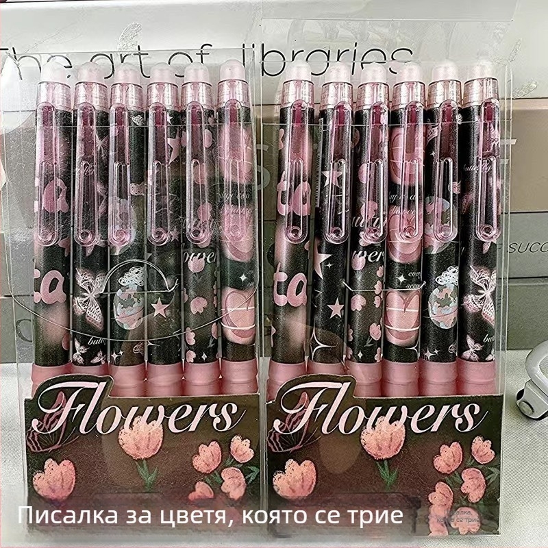 Изтриваща гелова писалка, 0,5 мм връх, кристално син цвят, карикатурен дизайн, механизъм на натискане, ученическа канцелария, опакована в кутия.