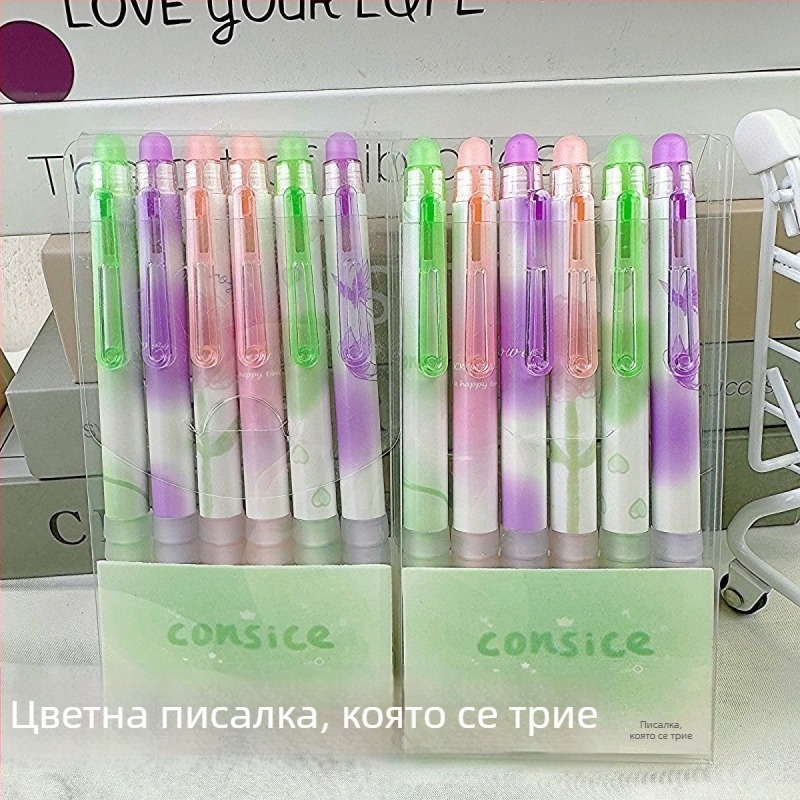 Изтриваща гелова писалка, 0,5 мм връх, кристално син цвят, карикатурен дизайн, механизъм на натискане, ученическа канцелария, опакована в кутия.