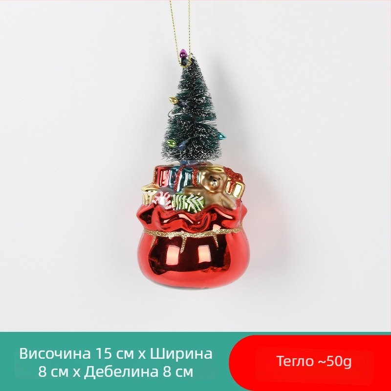 Стъклена коледна украса с ръчно рисуван Санта и снежен човек, подарък със коледна чорап и висулка с малко меченце за украса на коледното дърво