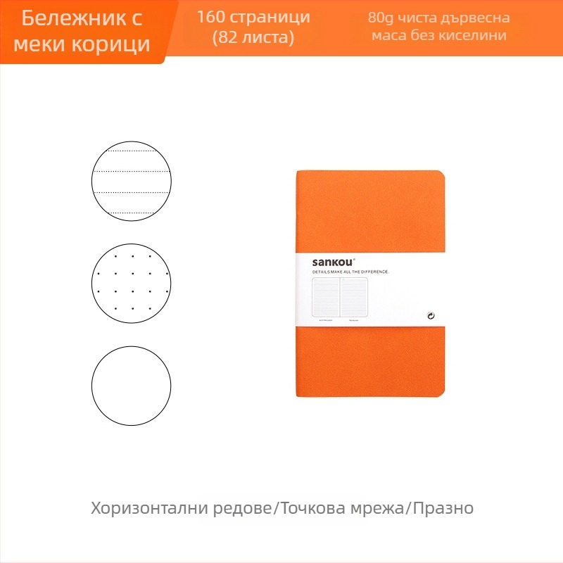 Джобен бележник A6 с мека кожена подвързия, тройно в едно: линейни, точкова мрежа и празни страници
