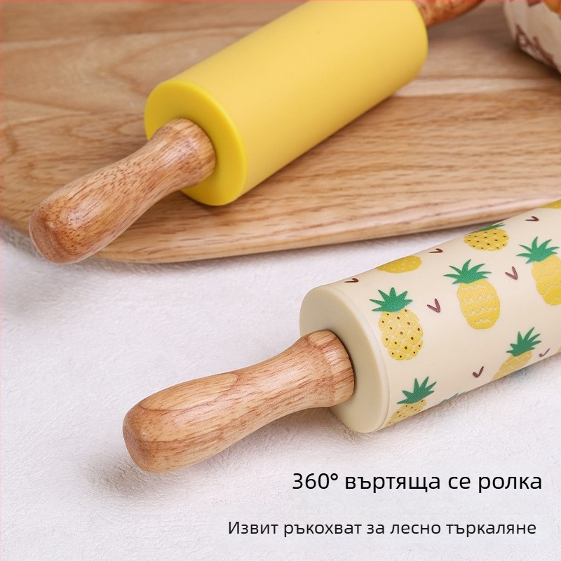 Силиконов валяк за тесто с дръжка от масивно дърво и хранителен силикон, декоративен дизайн за печене и месене.