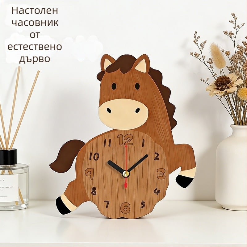 Настолен часовник с дървесен стил и карикатурен кон, сладък офис аксесоар, тих кварцов механизъм