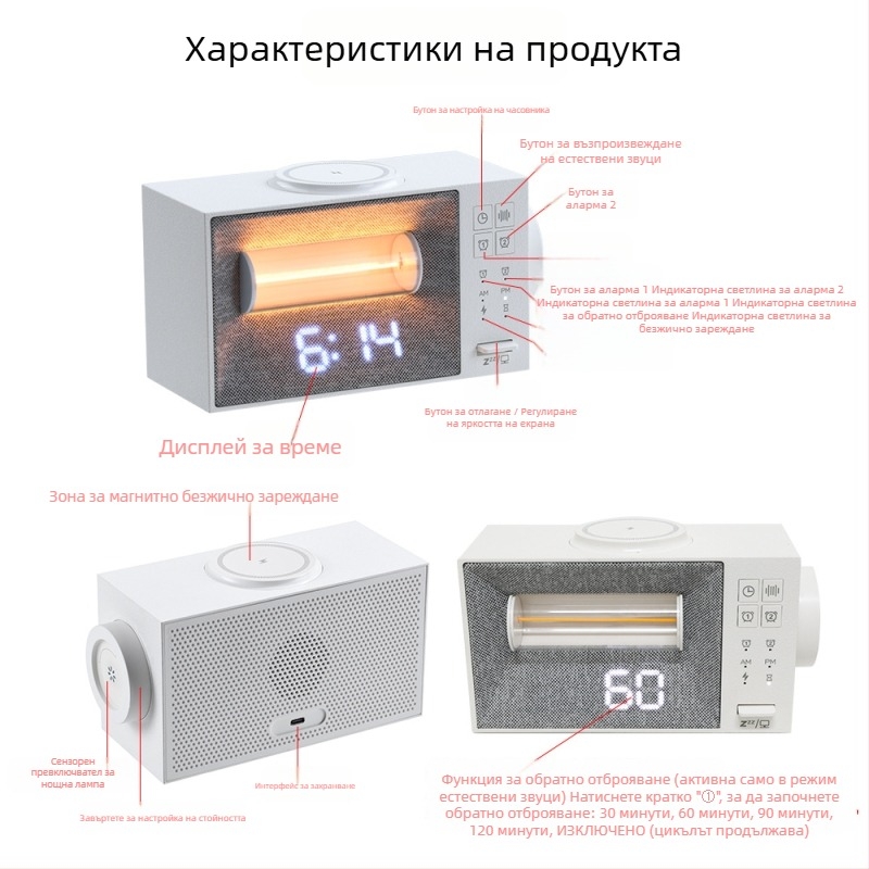Ново многофункционално будилник-лампа с безжично зареждане, бял шум и нощна светлина — настолен часовник за бюро
