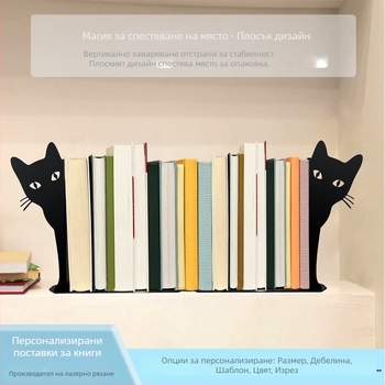 Метален държач за книги в Л-образна форма за бюро с котешки мотив, лазерно изрязан дизайн