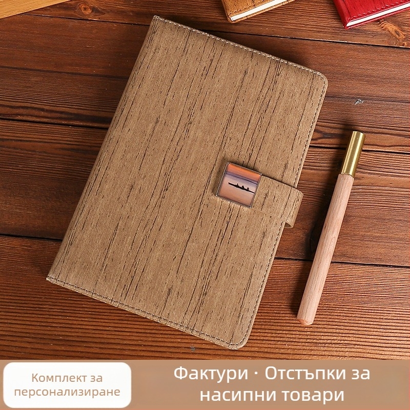 PU тефтер с дървен модел, подаръчен комплект в кутия, бизнес дневник с писалка и персонализирано лого