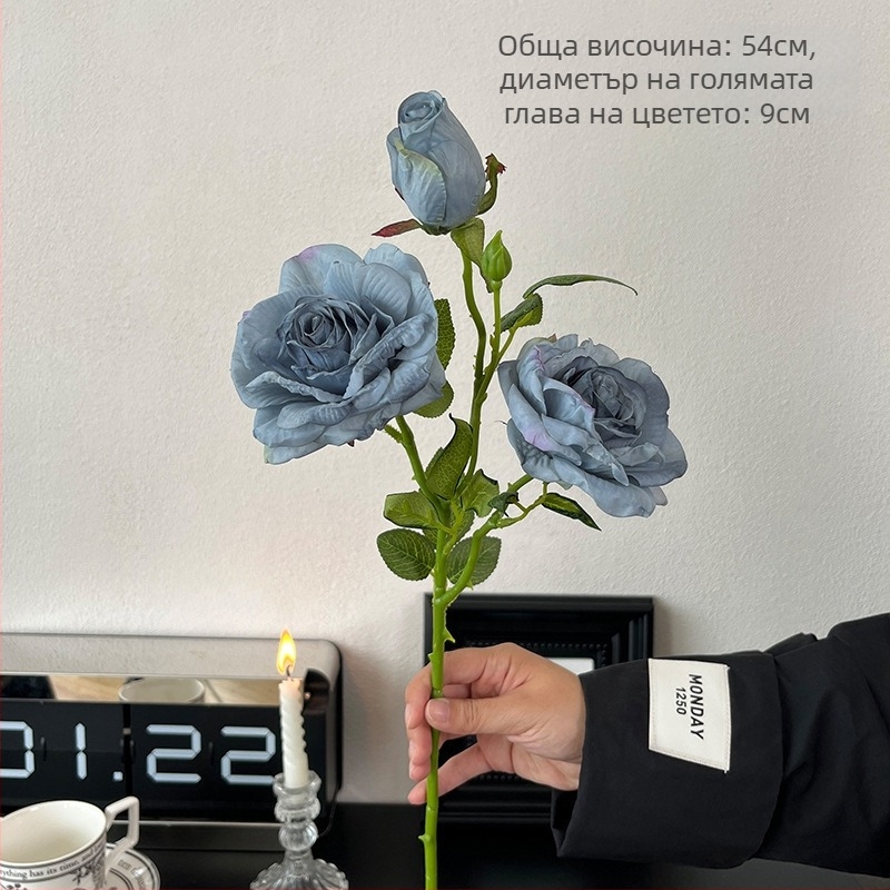 Винтидж роза с три стебла и изгорени ръбове на листенца, изкуствена копринена роза за домашен декор в американско-европейски стил