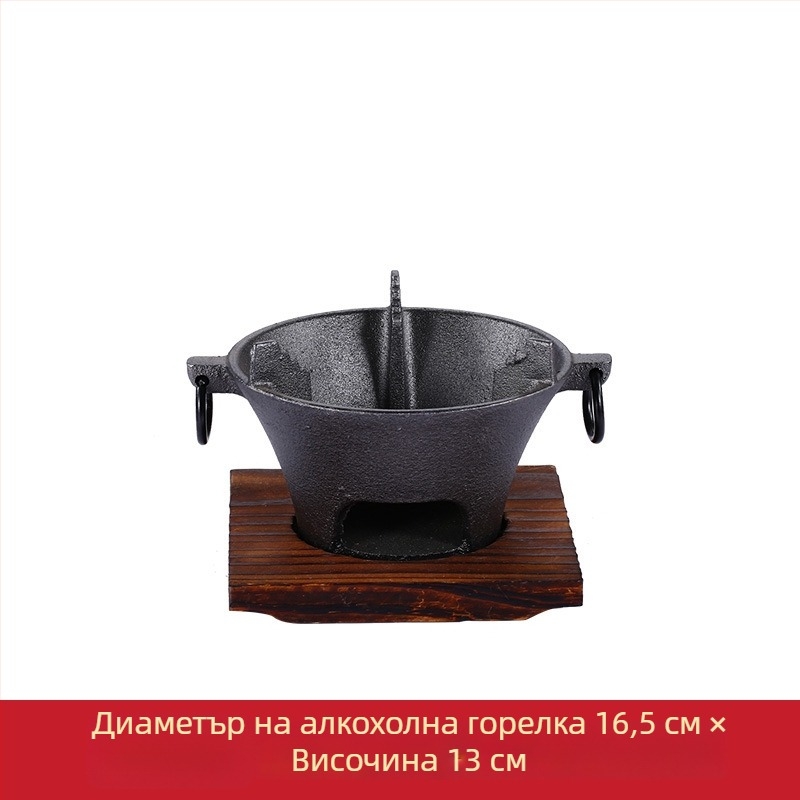 Японски стил чугунен съд за сукиаки за едно лице с твърд алкохолен котлон — компактна домашна тенджера