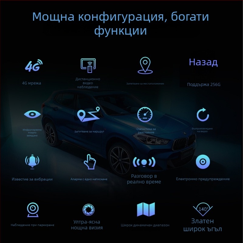 Инфрачервен нощен видеорегистратор за автомобил с 4G дистанционно управление, мониторинг на паркиране, Wi-Fi и GPS проследяване на маршрут