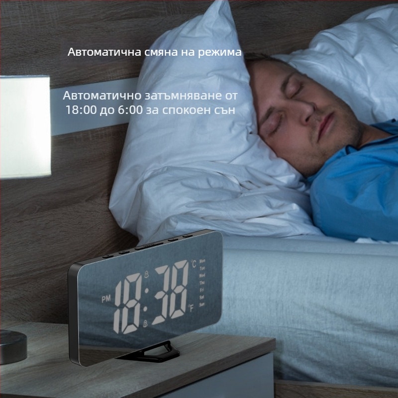 Минималистичен настолен LED огледален будилник с USB захранване, цифров дисплей и нощно осветление, подходящ като подарък