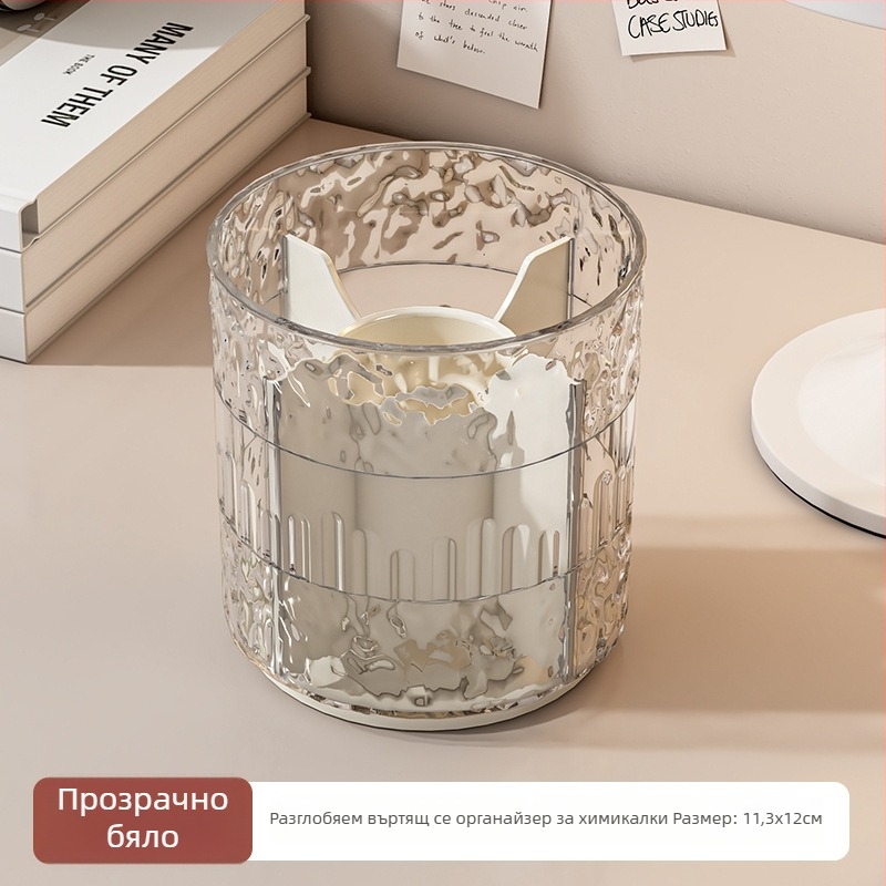 Прозрачен въртящ се държач за писалки, многофункционален с голям капацитет; настолен организатор за офис и ученици.