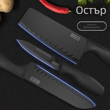 Седемчастен комплект ножове от неръждаема стомана за дома с държател и дъска за рязане – ретро кухненски стил