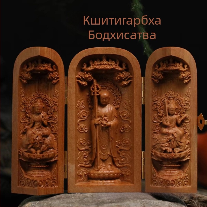 Резбована статуя на Буда от тик и сандалово дърво с ниша, китайски декоративен елемент