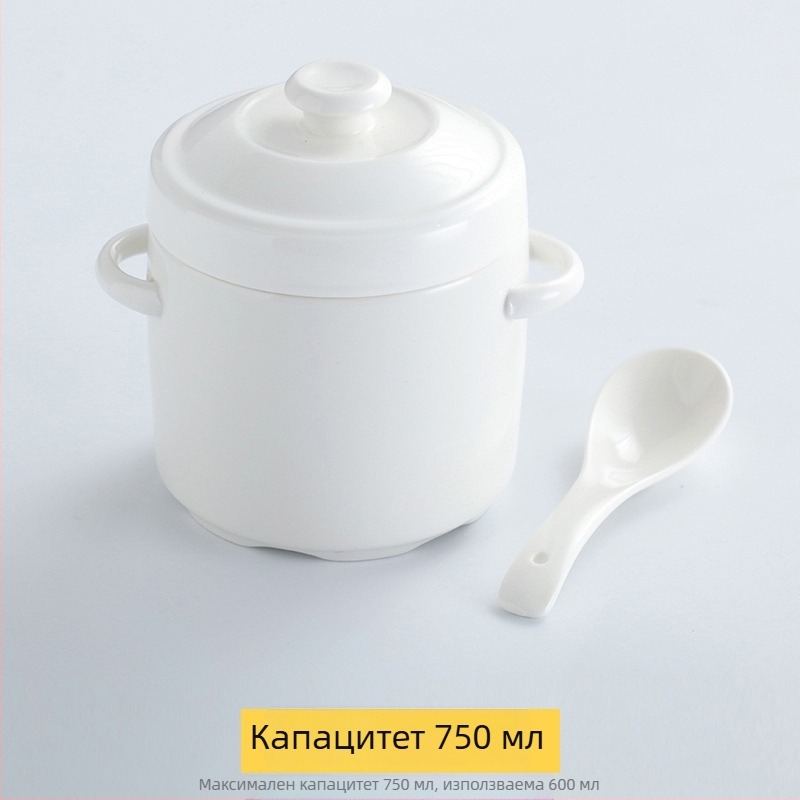 Керамична купа за водна баня с позлатен кант, двойно капаче и двойни дръжки; съд за гнездо на птици и за пара яйце за домашна употреба