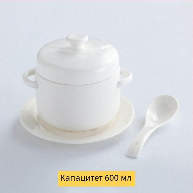 Керамична купа за водна баня с позлатен кант, двойно капаче и двойни дръжки; съд за гнездо на птици и за пара яйце за домашна употреба