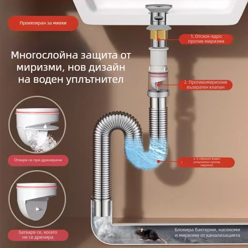 Универсален дренаж за мивка от неръждаема стомана с анти миризма и принадлежности за оттичане