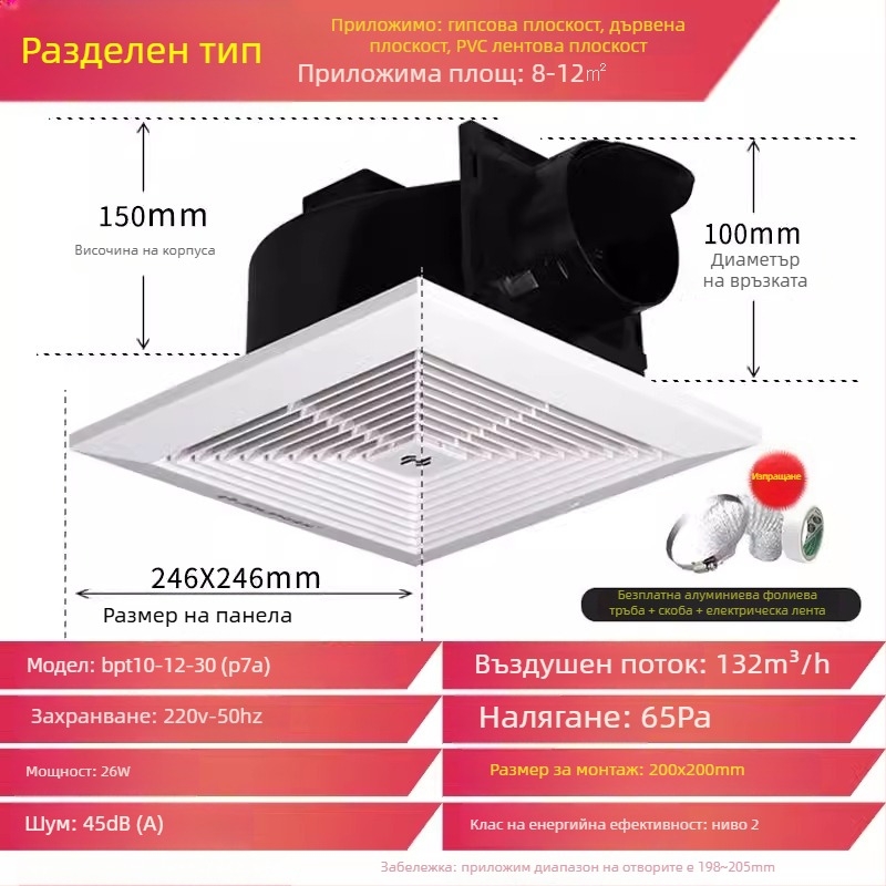 Jinling таванен вентилатор за вентилация, таван от гипсокартон, 30x30 см, баня и тоалетна