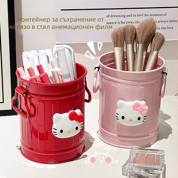 Железен шестостенен държач за моливи с котешки мотив, за ученическо бюро, организация на канцеларски материали и държач за четки за грим