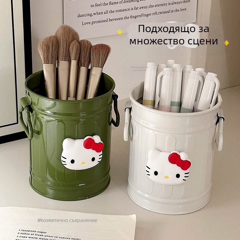 Железен шестостенен държач за моливи с котешки мотив, за ученическо бюро, организация на канцеларски материали и държач за четки за грим