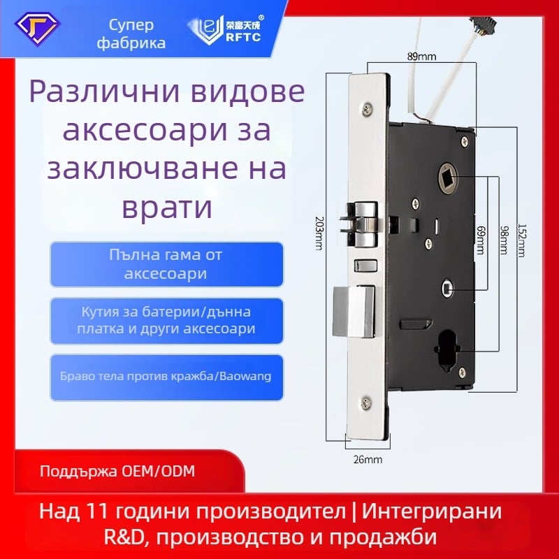 Комплект аксесоари за интелигентно заключване на хотелски врати: корпус на заключване, платка за управление на достъпа, 6V външно захранване, кутия за батериите и дънна платка със шлюз за контрол на достъпа.