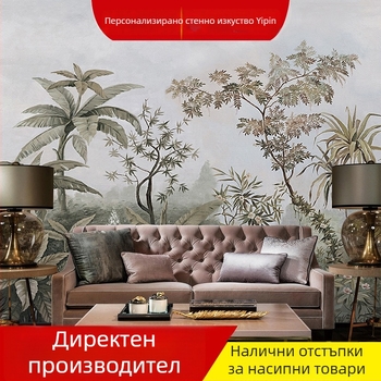 Американски ретро тапет с тропически растения от джунглата, безшевно стенно платно за дом, екологично сертифициран