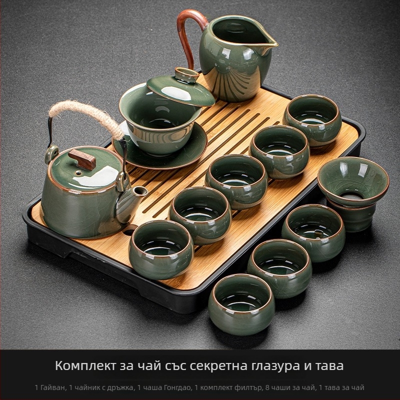 Ge Kiln Ice Crack Glaze Kung Fu Tea Set с гайван, чайник и чаши от порцелан за домашна и офисна употреба