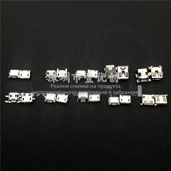 10 модела Micro USB женски конектори, 100 броя, различни спецификации, за зареждане на Android, комплект в кутия