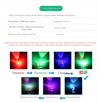 5 мм прозрачен RGB LED мъниста със бързо и бавно мигане, директно включване, червено, синьо, зелено