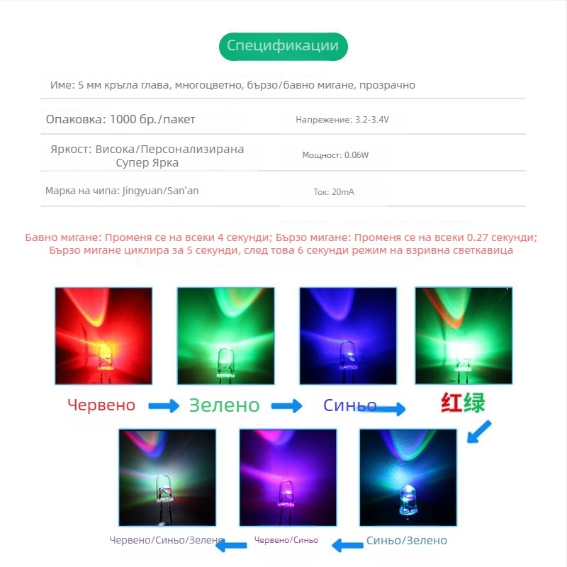 5 мм прозрачен RGB LED мъниста със бързо и бавно мигане, директно включване, червено, синьо, зелено