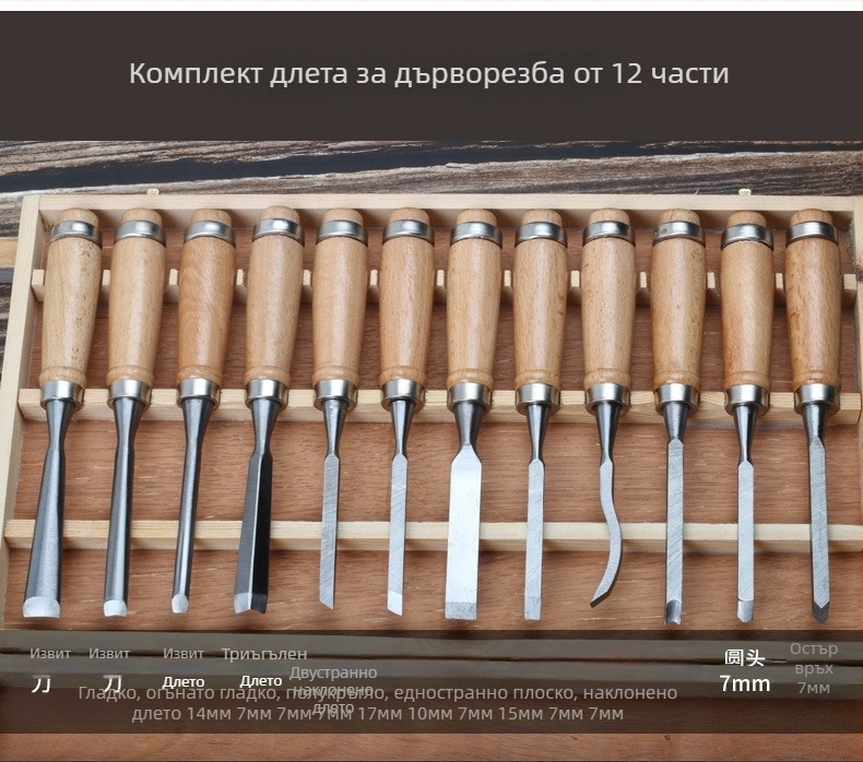 12 части комплект инструменти за дърво резба — резци за мебели и дърворезба, корени, с дървена кутия