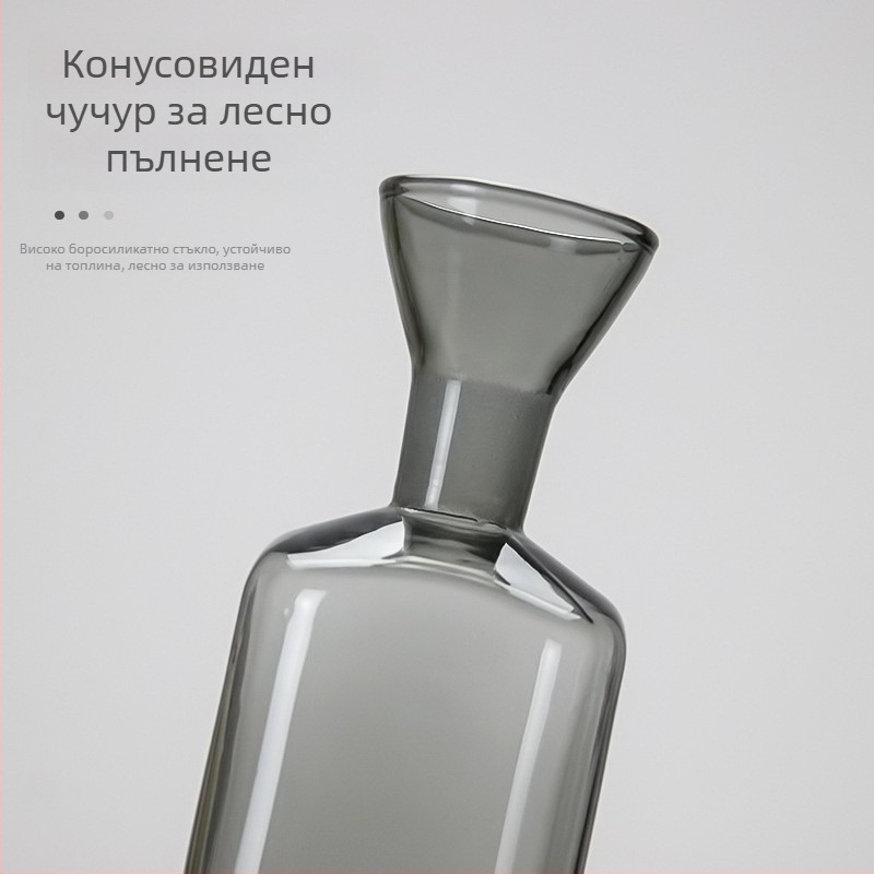 Стъклена бутилка за олио за домашна кухня, термоустойчива, за соев сос и оцет, без протичане, сив цвят.