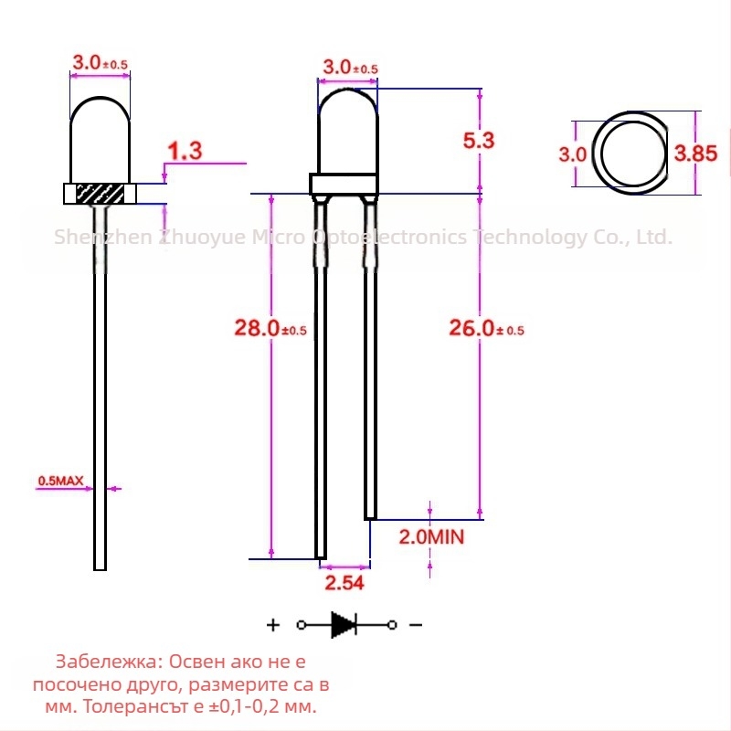 Excellence Micro LED, зелено, 3V, 3 мм кръгъл светодиод с висока яркост, модел F3