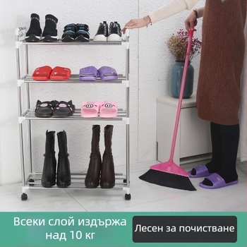 Нов модел стойка за обувки от неръждаема стомана с колела за входа на общежитието, шкаф за обувки за общежитие, многоетажна рафтова система със закачалки