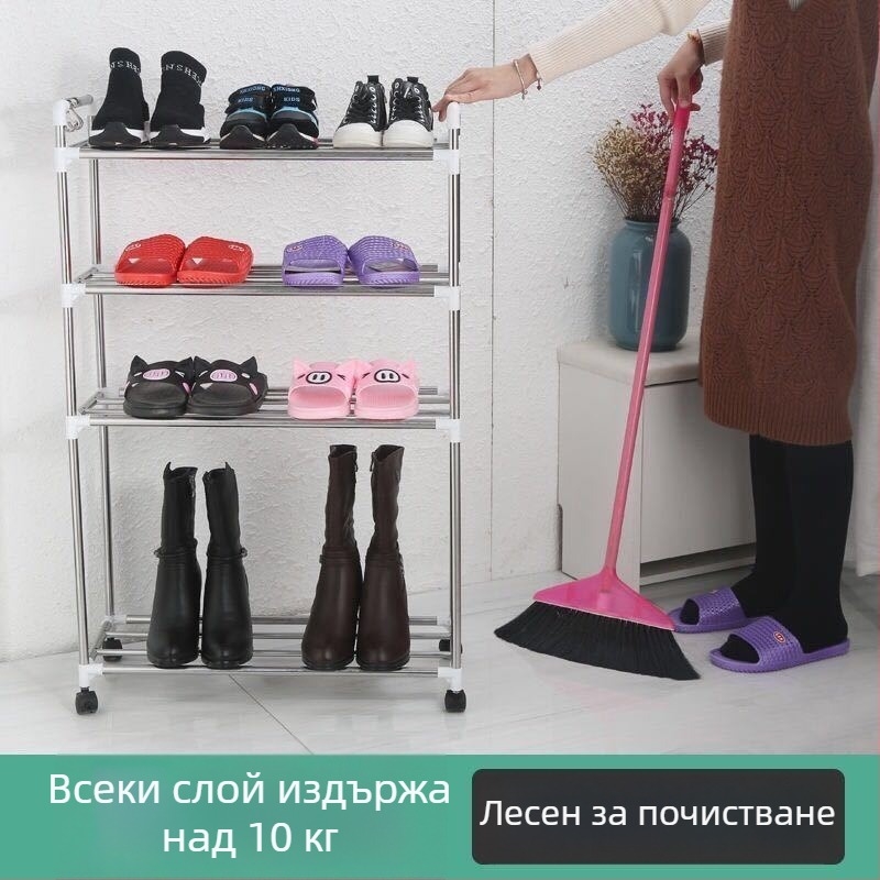 Нов модел стойка за обувки от неръждаема стомана с колела за входа на общежитието, шкаф за обувки за общежитие, многоетажна рафтова система със закачалки