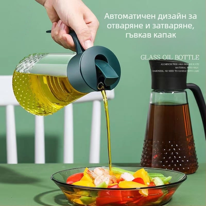 Стъклена бутилка за олио с инвертен дизайн, против протичане, голям капацитет, автоматично отваряне и затваряне за соев сос и оцет