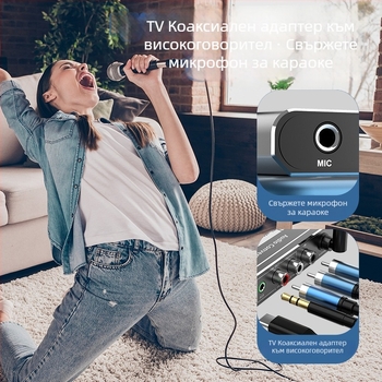 Bluetooth 5.2 приемник, коаксиален към 3,5 мм AUX конвертор, с дистанционно управление, поддръжка за USB флаш памет и караоке микрофон, модел D200