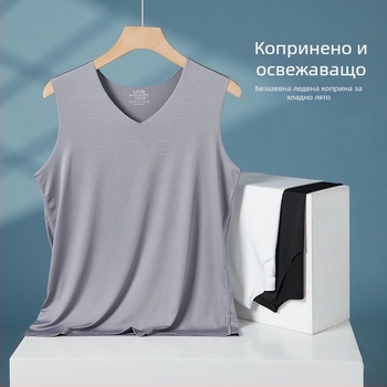 Мъжки потник от ледена коприна, без ръкави, тънък силует, V-образно деколте, базов слой, бял