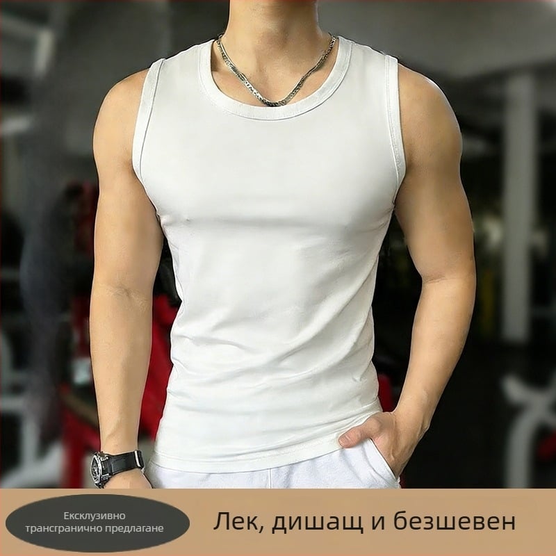 Мъжки спортен потник от полиестер, дишащ, едноцветен, висока еластичност, фитнес базов слой