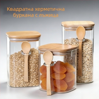 Стъклен буркан със лъжичка за герметично съхранение на подправки, зърна и кафе зърна, вместимост 500 мл