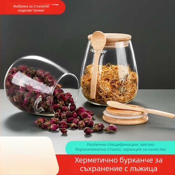 Произведено по поръчка стъклена канистра за чай с лъжичка, прозрачен съд за чай с цветя, малък канистър за чай, запечатан канистър, канистър за съхранение на зърнени храни