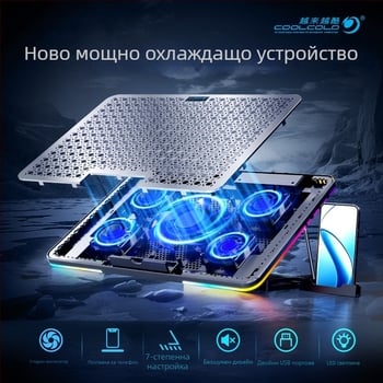 F5 PLUS лаптоп охладител с метална мрежеста повърхност и RGB осветление, 5 вентилатора, размери 360×255×27 мм