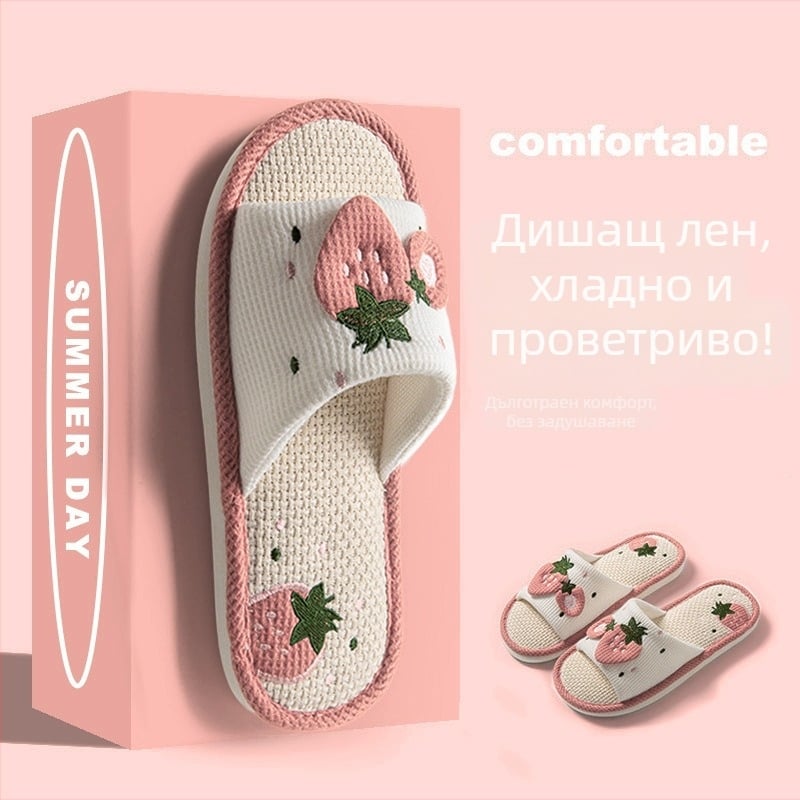 Дамски ленени пантофи за четири сезона — карикатурен принт, тихи, издръжливи, противохлъзгащи, домашно ползване, мека подметка с ягодов дизайн