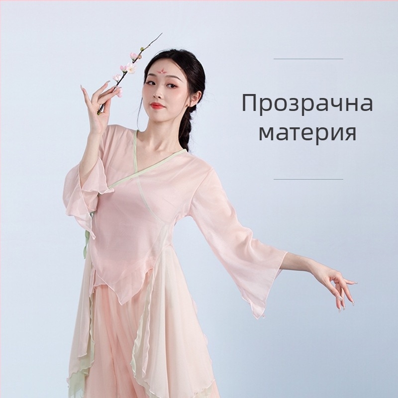 Женски топ за китайски танц от шифон, сценично облекло в етно стил, къс ръкав