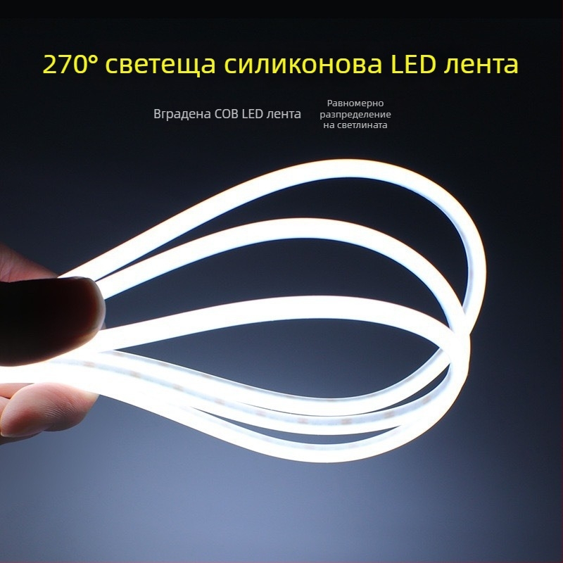 Персонализирана COB LED лента със 270° лъчение, D-тип силиконова гъвкава лента за шкафове и баня, водоустойчива и против запотяване, 12V, 1000 мм, 480 светодиода, топло бяла, димер.
